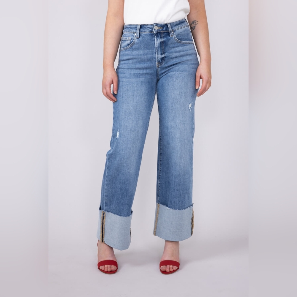 Risen‎ High Rise Wide Leg Cuff Jeans Mid Wash